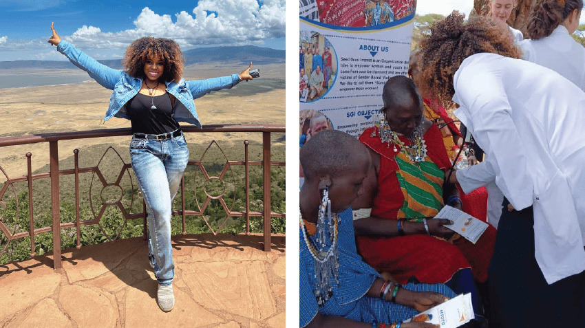 Florida International University student, Shannia, poses in Tanzania and interns with community outreach programs, during her Maasai Women’s Empowerment & FGM Awareness internship experience, with Intern Abroad HQ.