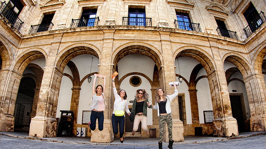 View of European vista with houses and mountains in the background