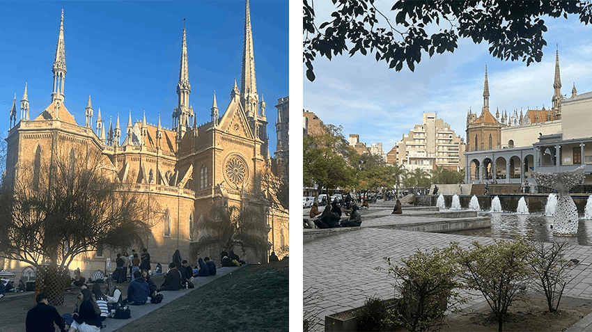 A beautiful church and inner city plaza in Cordoba, showing pleasant outdoor spaces to relax, explore, and enjoy the seasons year-round.