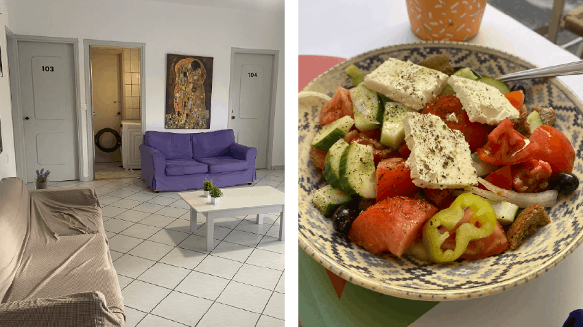 Example of internship program accommodation pictured on the left and an example self-catered meal on the right.
