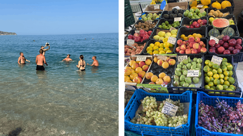 Summertime scenes in Hareklion, Crete. People swimming in the ocean and fresh fruit displayed at a Mediterranean market.