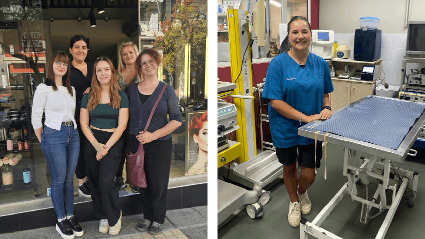 Students posing to represent examples of internship experiences in Crete, Greece. Salon interns on the left, medical intern on the right.