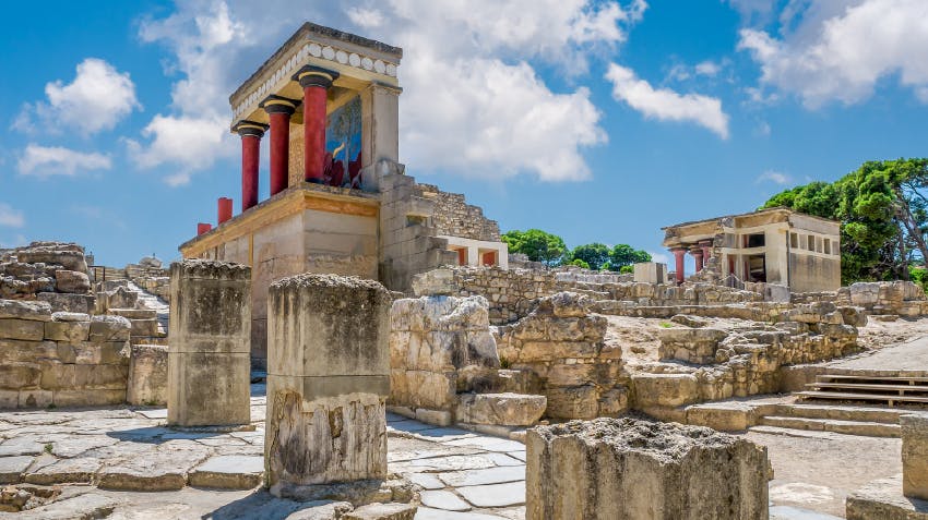 Photograph of Knossos, archaeological site and popular tourist destination in Crete. Known for its association with the Greek myth of the minotaur and location of the oldest known settlement in Crete.