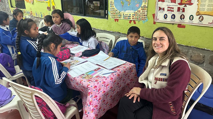 Intern Abroad HQ Program Manager, Veronica, spends time visiting an education internship placement in Cusco.