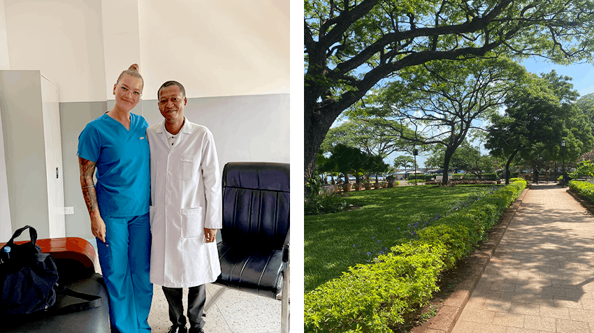 Shonda and an African man wearing scrubs standing together during her internship in Zanzibar. And a second image of a garden and pathway on a sunny day