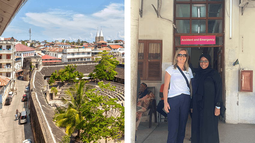 An image of Shonda and a woman wearing albaya standing outside an accident and emergency building
