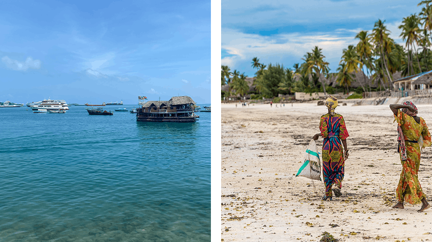 Two images are adjacent. First image of bright blue water, an old house boat and a new yacht. The Second image is of two local ladies walking down the beach wearing bright dresses and scarves.
