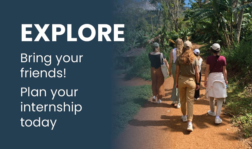 Friends in Tanzania, walking during a weekend excursion during an intern abroad trip, with the text, Explore, bring your friends, plan your internship today