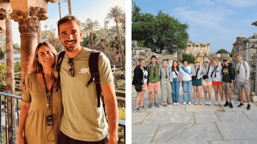 Intern Abroad HQ Program Manager, Veronica, pictured on the left in Seville, Spain, with her brother. NMU university group, pictured on the right, during their intern abroad program in Greece