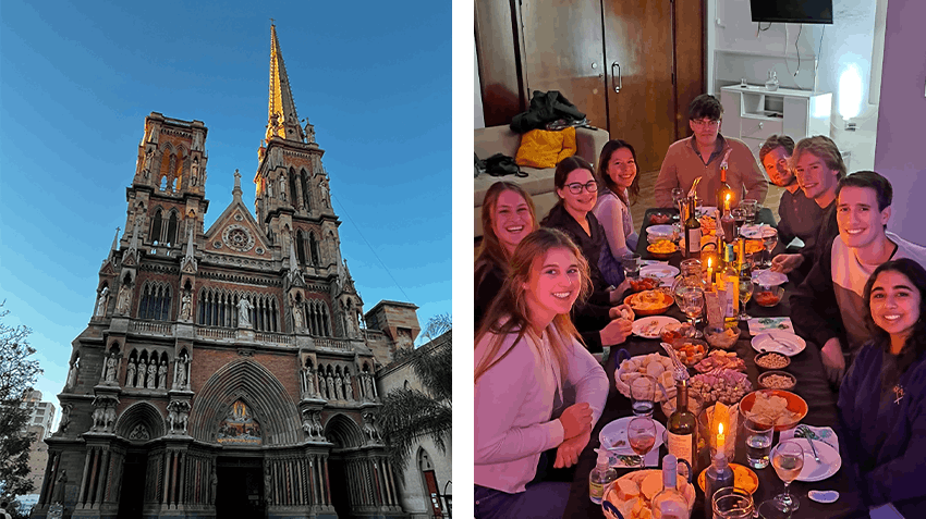 Church of the Capuchins in Cordoda, Beautiful church in Gothic style, and interns pictured on the right, enjoying a meal together in Argentina.