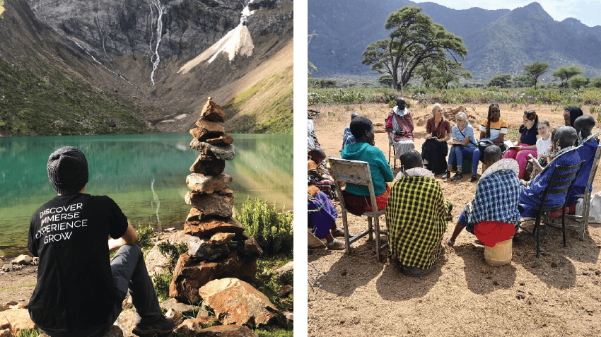 Pictured on the left, internship student photographed in Peru, wearing a shirt with the text, Discover, Immerse, Experience, Grow, pictures on the right, a group of people in Tanzania, who are sitting in a circle outdoors and sharing conversation, via a community outreach program, Intern Abroad HQ