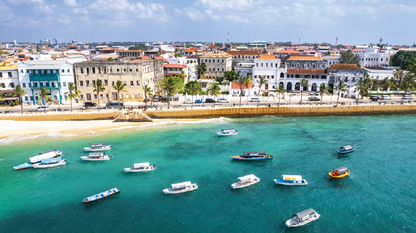 Aerial photograph of harbor and coast in Zanzibar