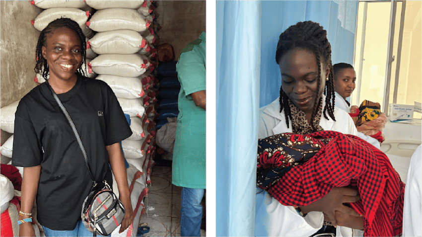 Glodie, an intern in Arusha, Tanzania, is pictured on the left, while participating in the food packaging activities. On the right, she is pictured during her maternity ward rounds at the hospital