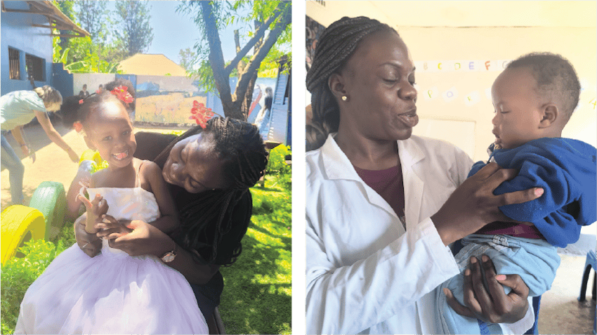 Glodie, an intern in Arusha, Tanzania, is pictured on the right, where she smiles and laughs with a child. On the left, she is pictured holding another child, wearing a white medical lab coat, in a medical environment