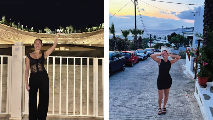 University of Bradford student, Kathellyn, shares her insights as a returning intern to Intern Abroad HQ. Pictures on the left, she poses in front of an olympic outdoor stadium in Athens. On the right, she is pictured outside, near to the coast