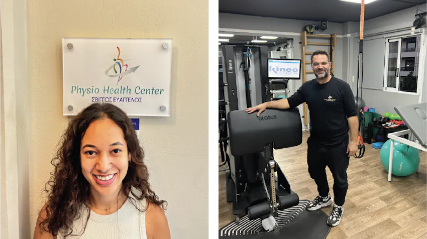 University of Bradford student, Kathellyn, shares her insights as a returning intern to Intern Abroad HQ. Pictured on the left, she poses in front of her physiotherapy internship health center placement in Athens. On the right, an internship supervisor is pictures, standing in a physical therapy clinic.