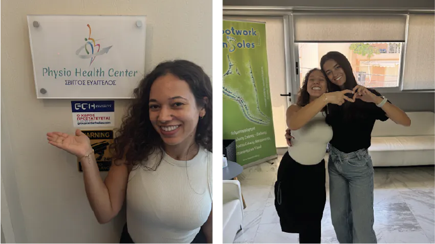 University of Bradford student, Kathellyn, shares her insights as a returning intern to Intern Abroad HQ. Pictured on the left, she poses in front of her physiotherapy internship health center placement in Athens. On the right, she is posing next to a fellow physical therapy intern.