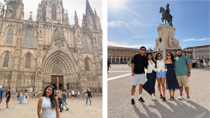 Anna is pictured in Barcelona, Spain, with new friends and monuments in the background