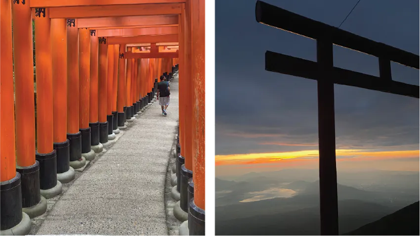 Peaceful scenes in Japan are pictured, on the left, a covered walkway, on the right, a classic Japanese red gate