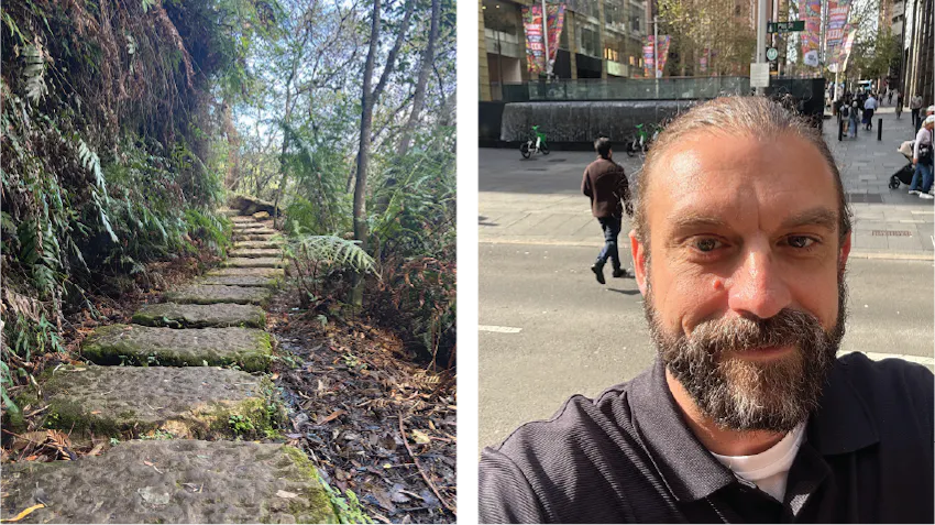 Ryan shares photos from his Film and Media Production internship in Australia. On the left, a path in the forest. On the right, Ryan is pictured in Martin Place, one of the filming locations featured in the film "The Matrix”