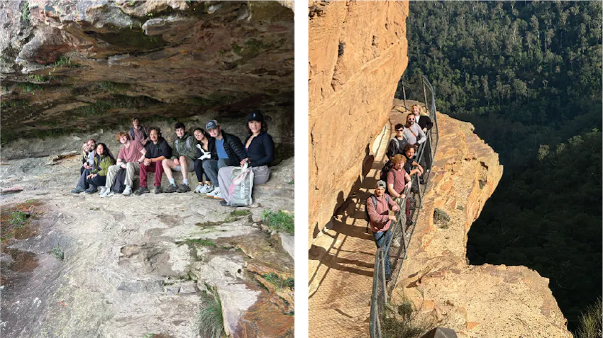 Ryan shares photos from his Film and Media Production internship in Australia. On the left, a group of students are pictured sitting under a rock. On the right, a group of students are pictured visiting an Australian national park.