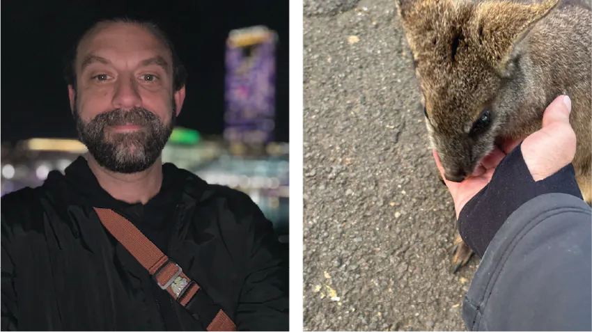 Ryan shares photos from his Film and Media Production internship in Australia. On the left, Ryan is pictured. On the right, he pats a little wallaby