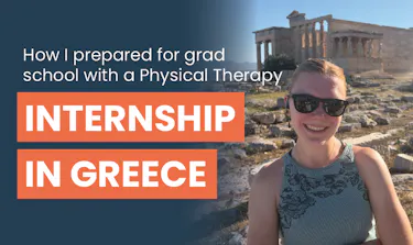 Sophie smiling in Greece, during her Physical Therapy internship, with Intern Abroad HQ, with the text, How I prepared for Grad School with a Physical Therapy internship in Greece