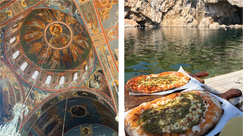 Photos in Greece, on the left, a beautiful painted ceiling in a church, on the right, delicious pizzas next to the water