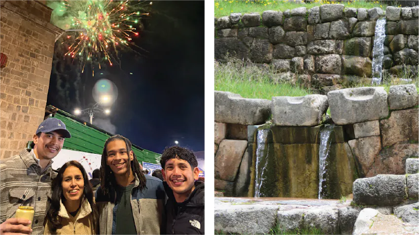 On the left, the image displays a group of friends, posing together in Cusco city, with bright fireworks overhead. On the right, beautiful stonework and waterways in Machu Picchu.