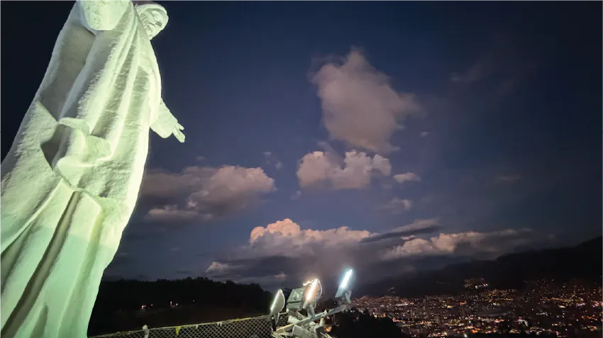 Image taken at night of the Cristo Blanco statue, overlooking Cusco, Peru. Located near the Sacsayhuaman ruins, it offers sweeping, panoramic views of Cusco city and the surrounding Andean peaks.