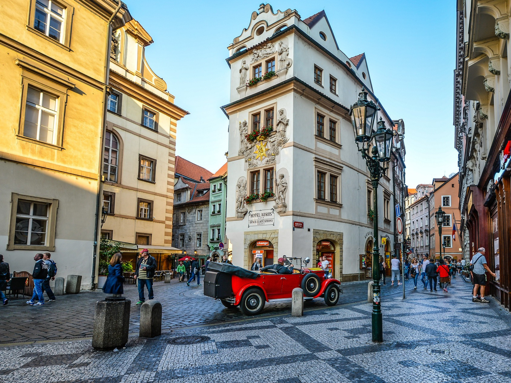 Outside a 16th century building in the Old Town Square of Prague, now Hotel Aurus