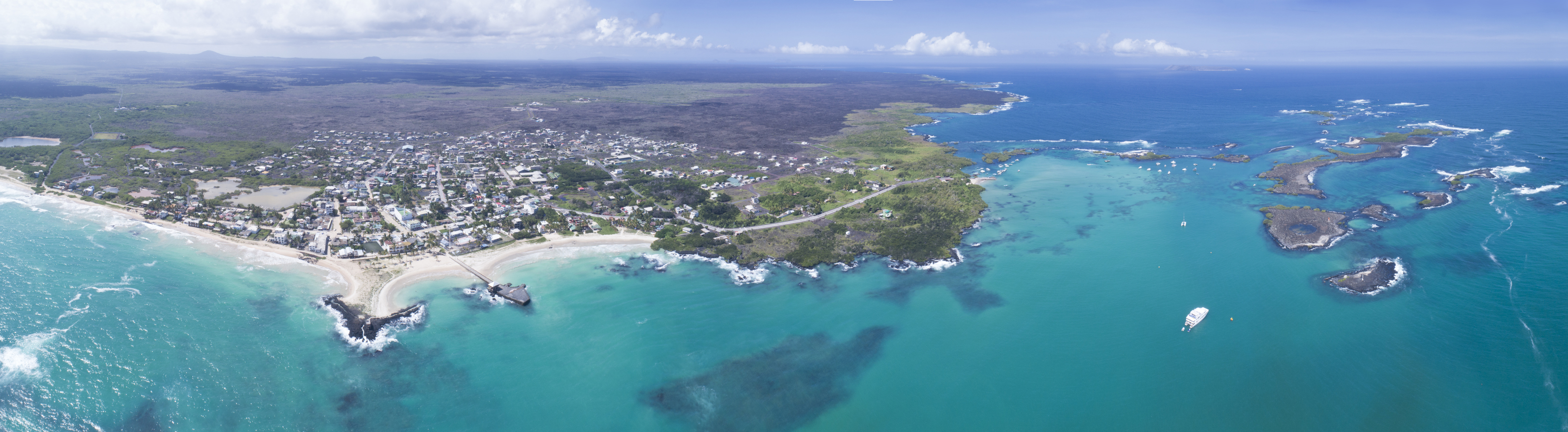 Aerial panorama of Isabela Island and the Las Tintoreras Islands, Galapagos Islands