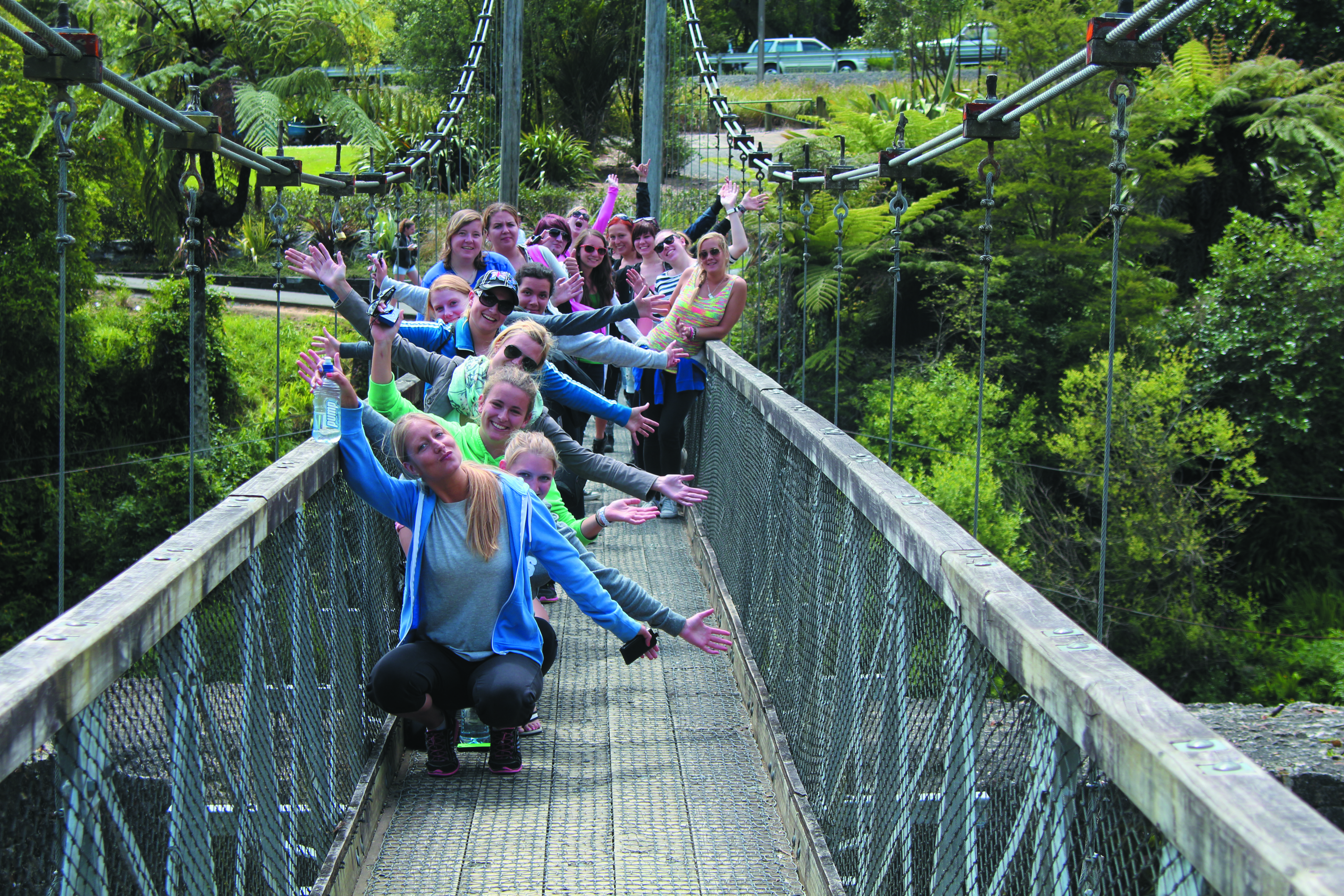 Interns posing on a bridge in New Zealand