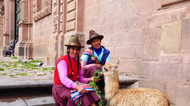 Indigenous women in Cusco pose with llama