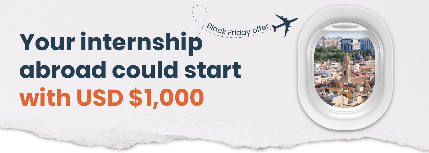 Black Friday promotion for internships abroad starting from USD $1,000, offering affordable international internship opportunities with IAHQ.